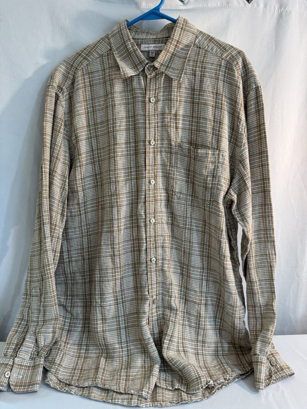 Joseph Abboud Linen Button down Shirt XL Khaki Plaid 0015